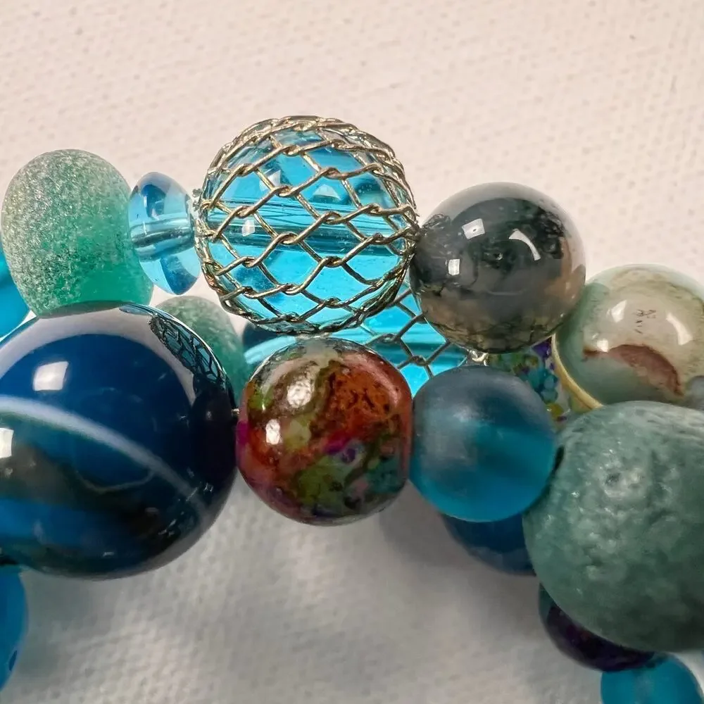 Hand Beaded Coil Statement Bracelet Beachy Turquoise Beads and Mixed Metals